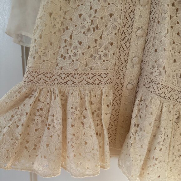 Veronica Beard Lace Mini Dress Sz 4 In Stone Khaki Button Down Ruffle Skirt - Picture 8 of 11